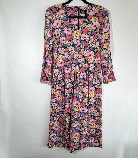 Fritzi California Pants - Fritzi California Rayon Floral Romper Jumpsuit M Pleated Wide Leg V Neck Long